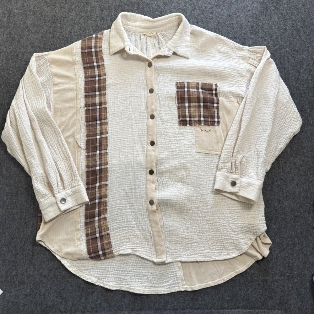 POL Patchwork Gauze Button Down Shirt Cream Plaid Corduroy SMT1877 Womens Medium